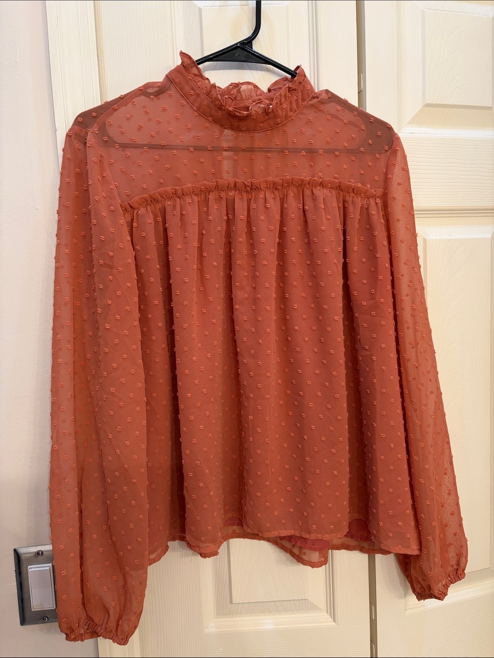 Altar'd State Rust Swiss Dot Ruffle-Neck Blouse